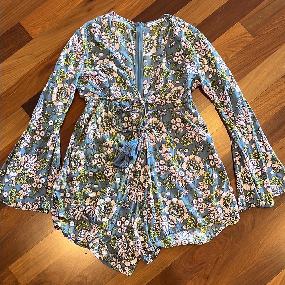 Tiare Hawaii Floral Blue Bell Sleeve Romper (one size)